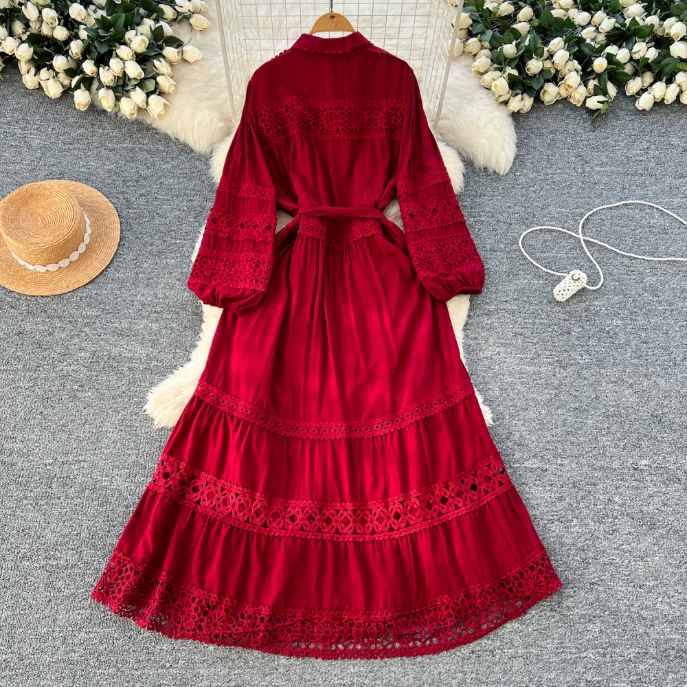 Retro big skirt pinched waist long dress lace slim dress