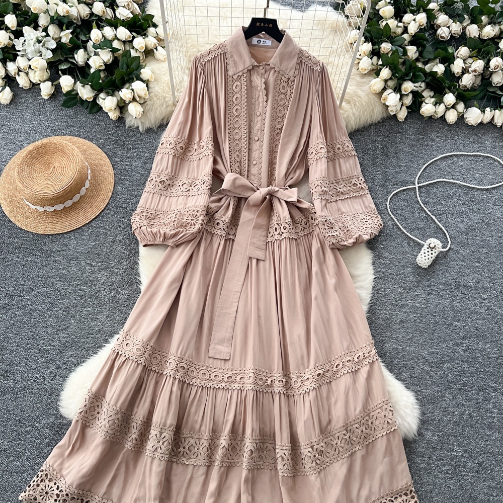 Retro big skirt pinched waist long dress lace slim dress