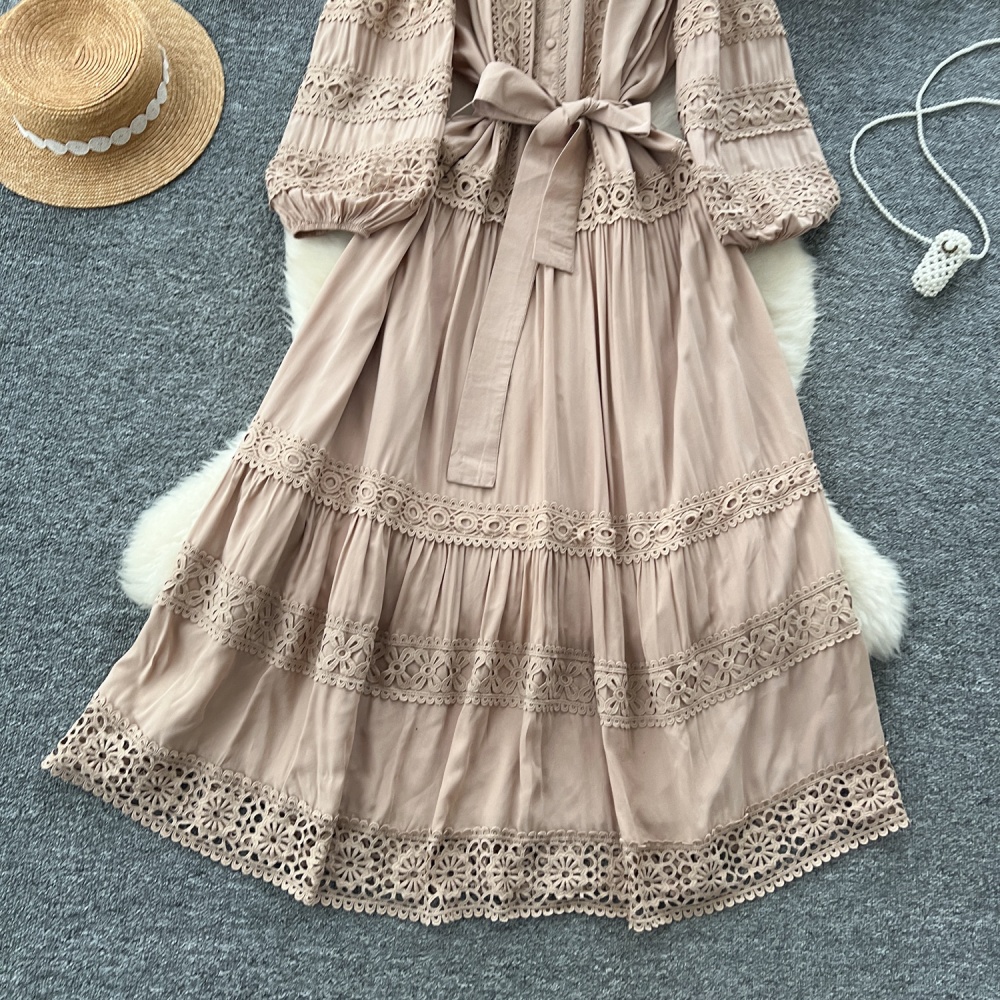 Retro big skirt pinched waist long dress lace slim dress