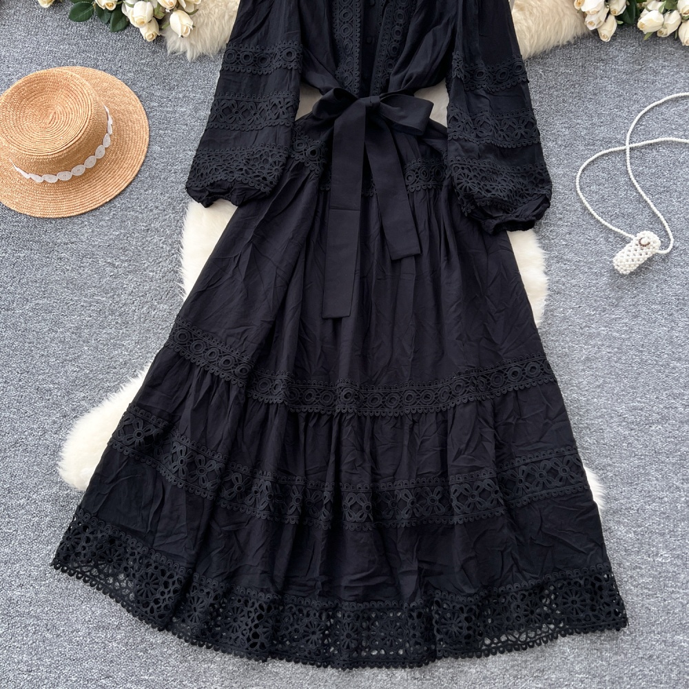 Retro big skirt pinched waist long dress lace slim dress