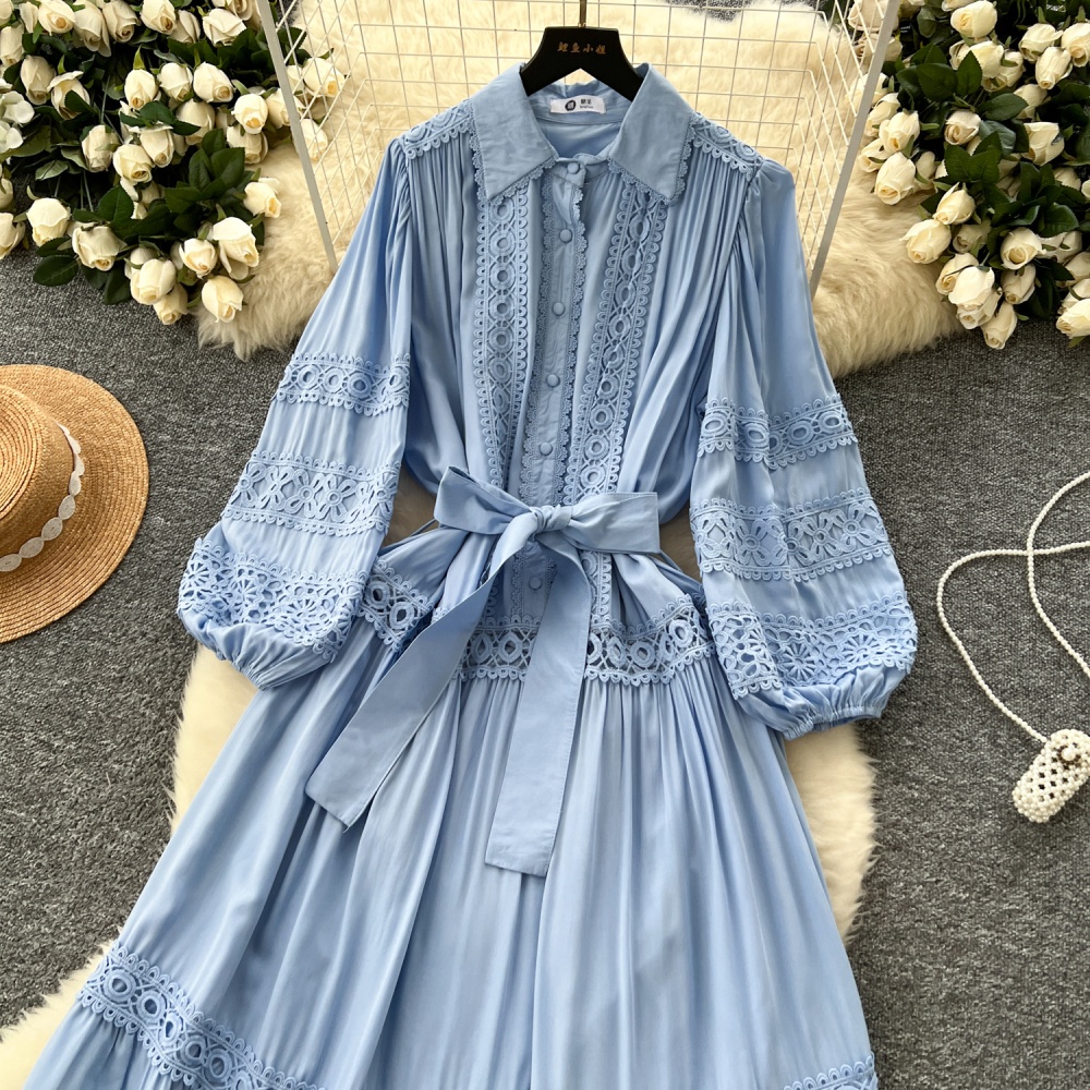 Retro big skirt pinched waist long dress lace slim dress