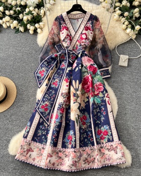 European style bandage lantern sleeve printing dress