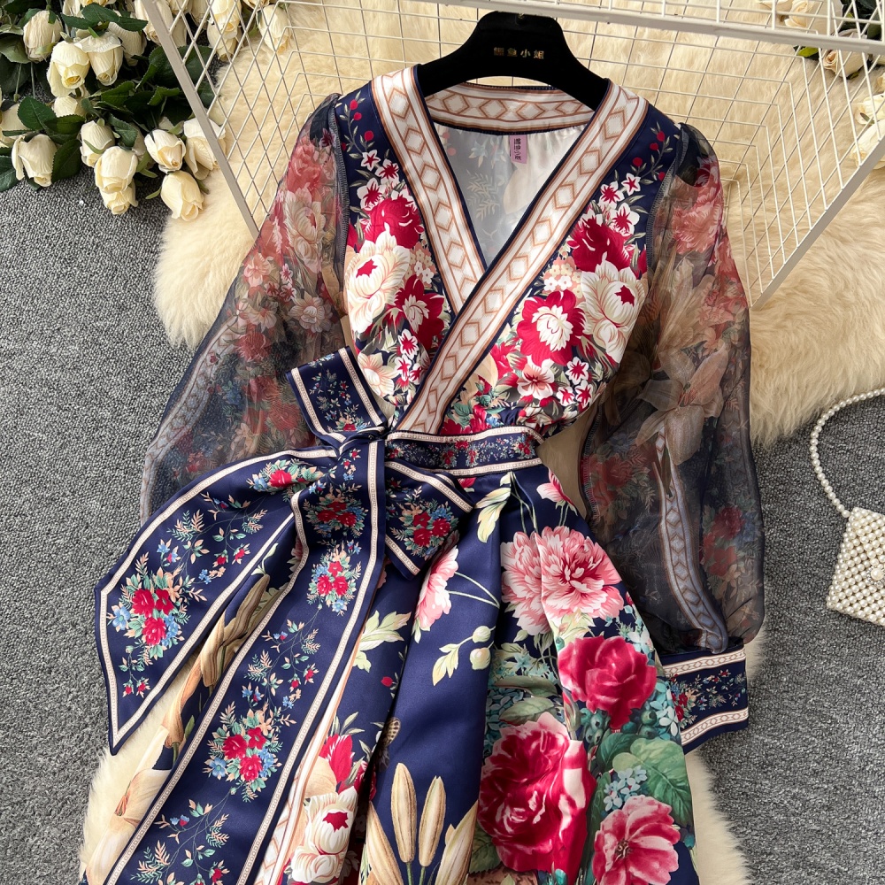 European style bandage lantern sleeve printing dress