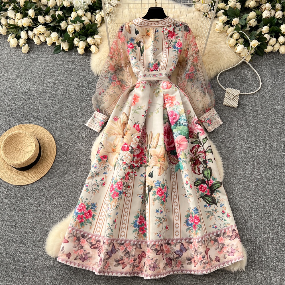 European style bandage lantern sleeve printing dress