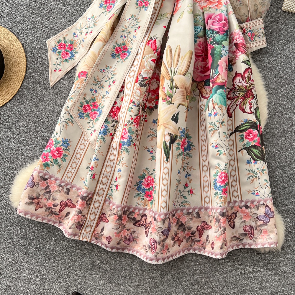 European style bandage lantern sleeve printing dress