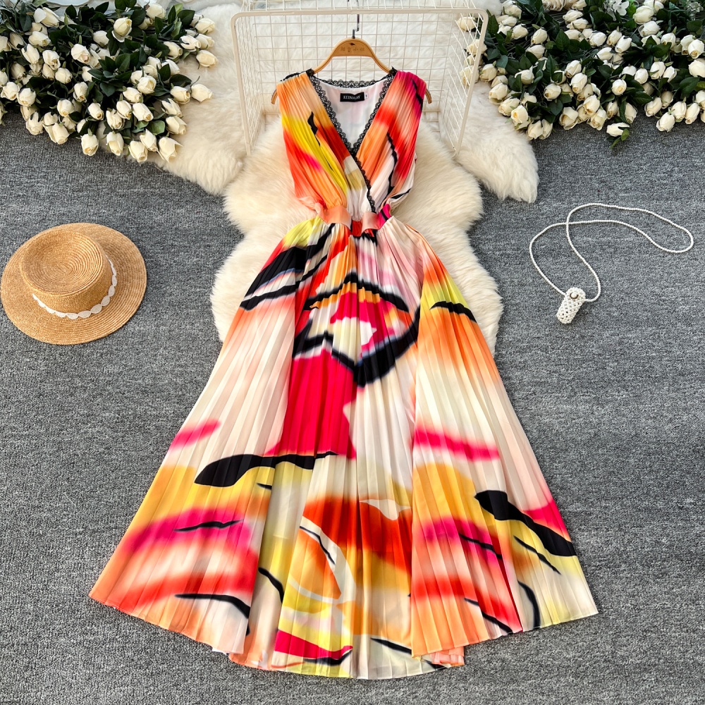 Pinched waist long dress sleeveless dress for women