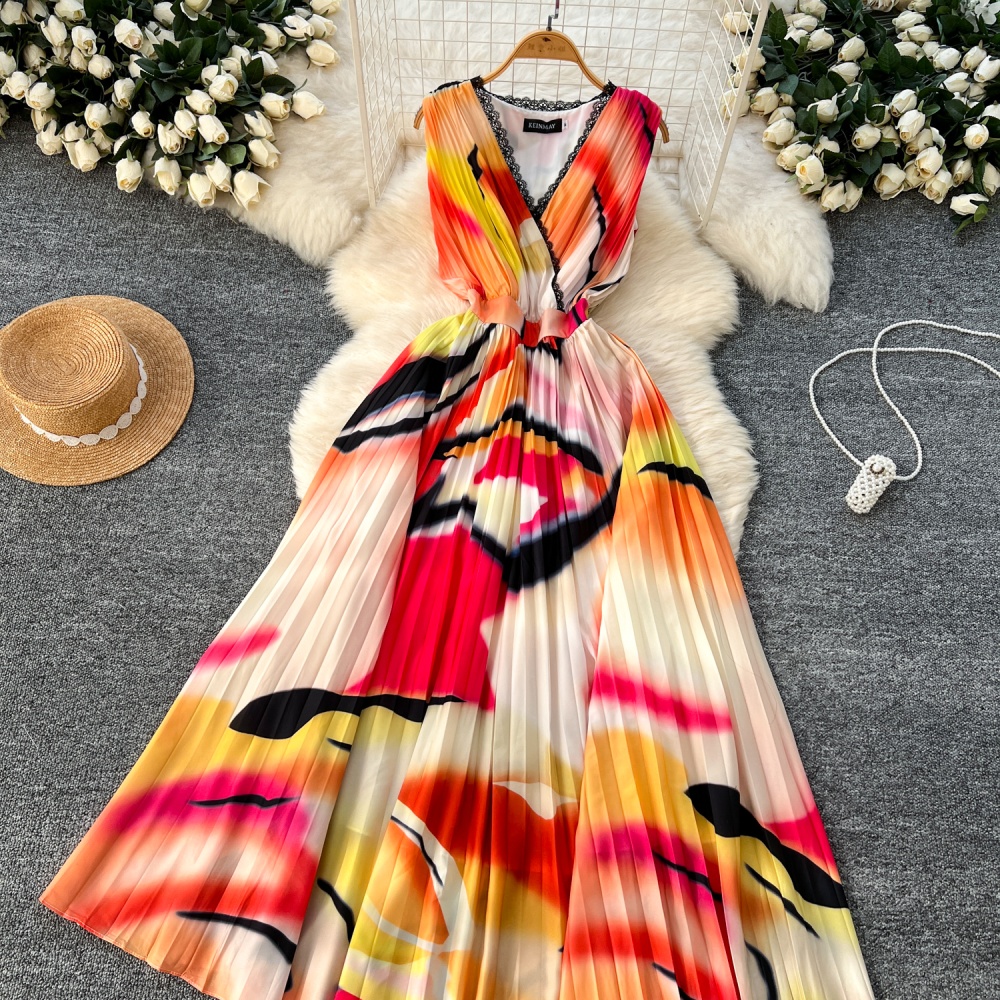 Pinched waist long dress sleeveless dress for women