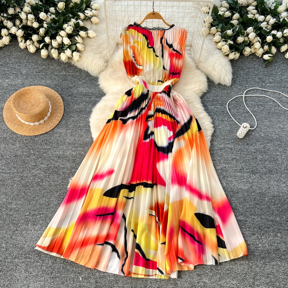 Pinched waist long dress sleeveless dress for women