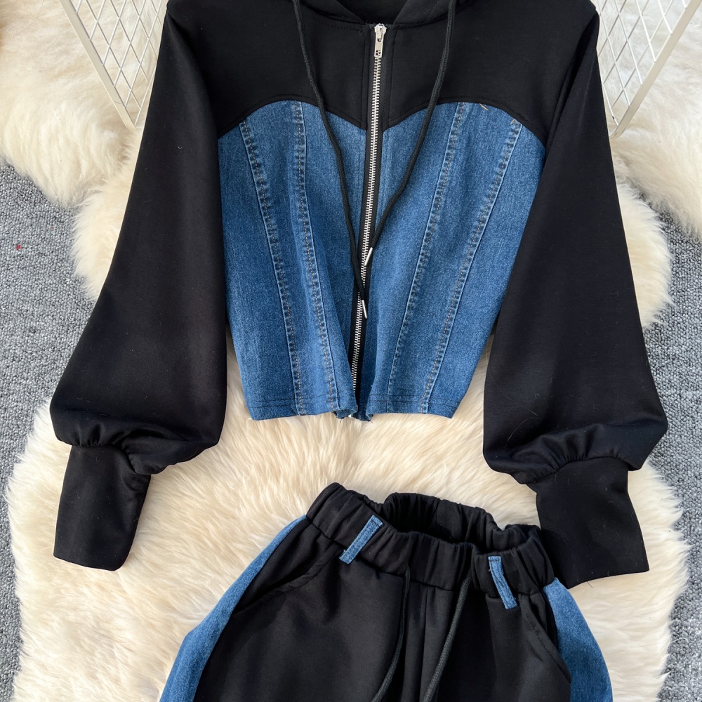 Splice high waist hoodie spring long sleeve sportswear a set