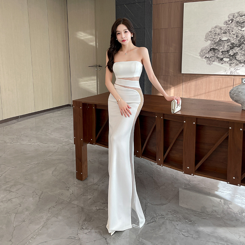 Temperament host white long dress ladies sexy formal dress