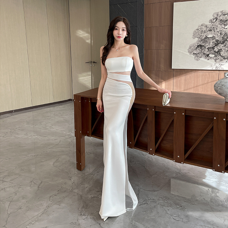 Temperament host white long dress ladies sexy formal dress