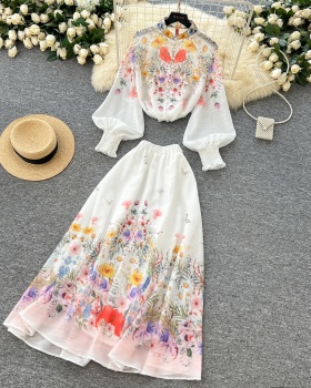 High waist all-match skirt big skirt shirt 2pcs set