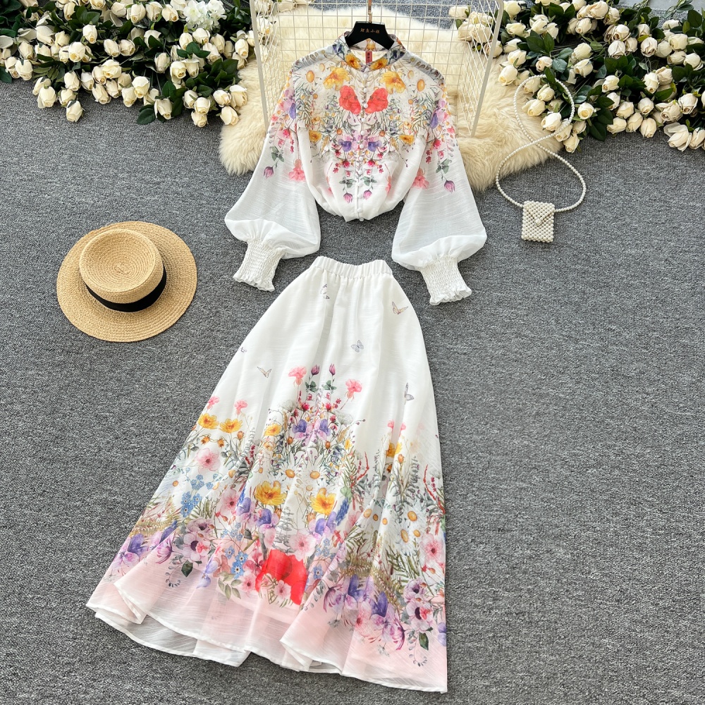 High waist all-match skirt big skirt shirt 2pcs set