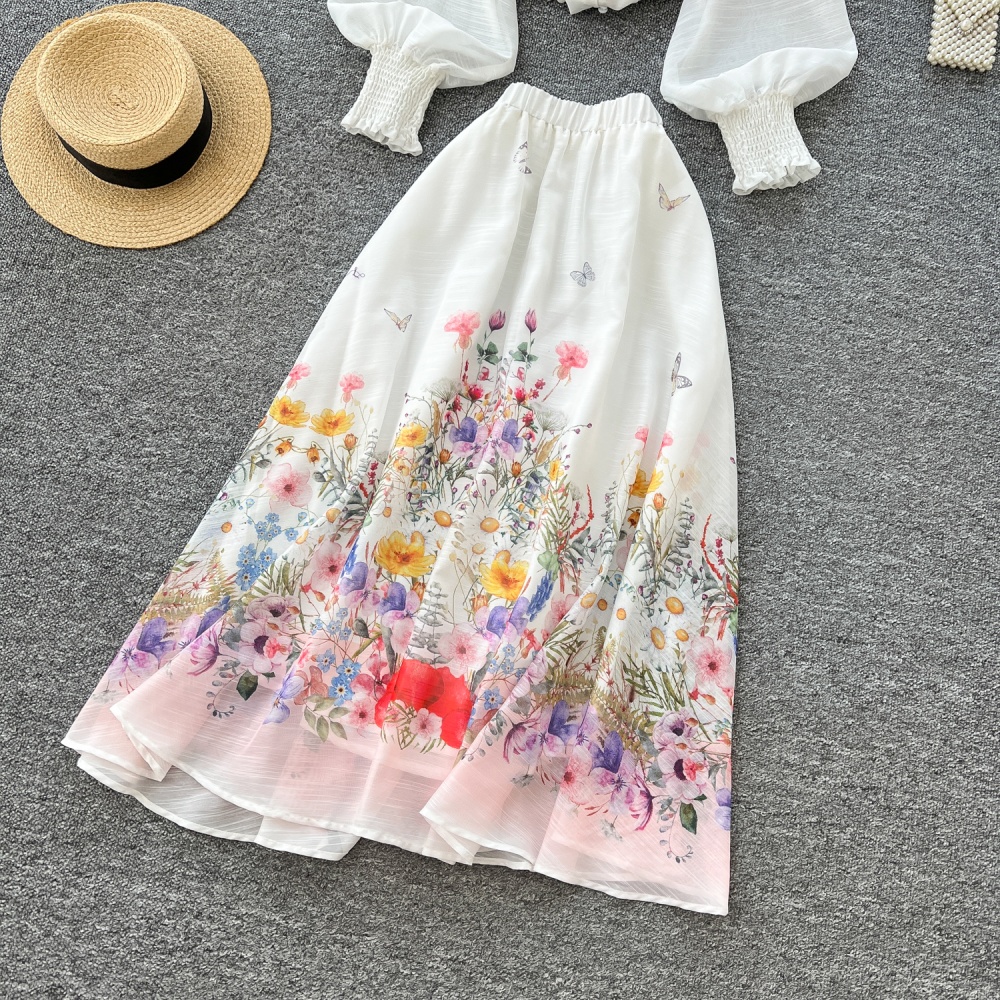 High waist all-match skirt big skirt shirt 2pcs set