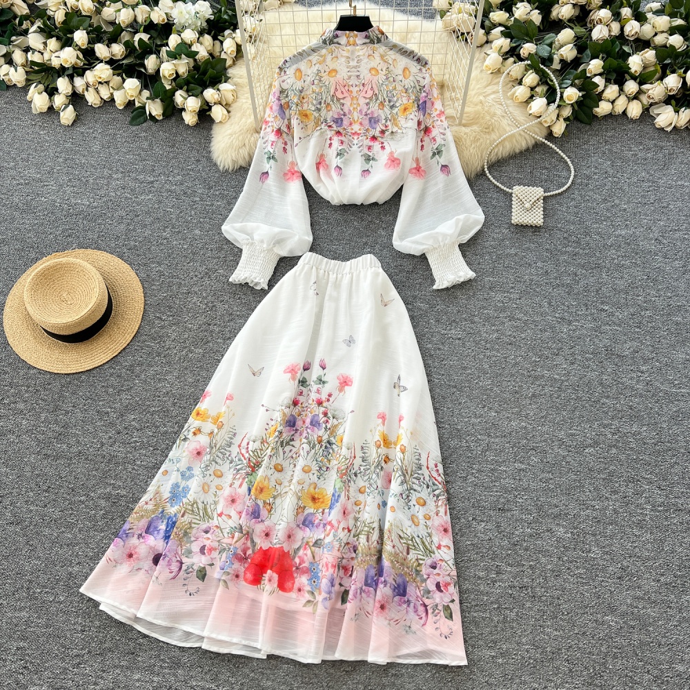 High waist all-match skirt big skirt shirt 2pcs set