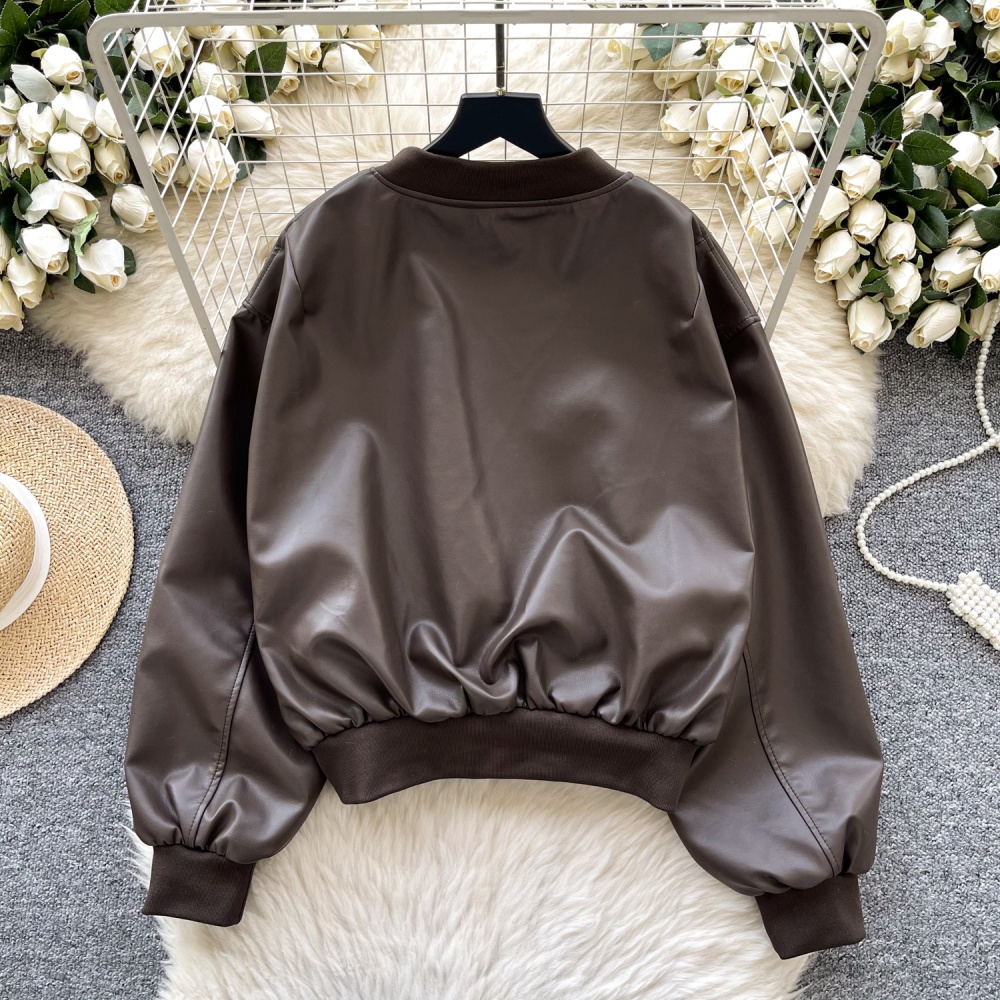 Pocket zip brown leather coat loose all-match jacket