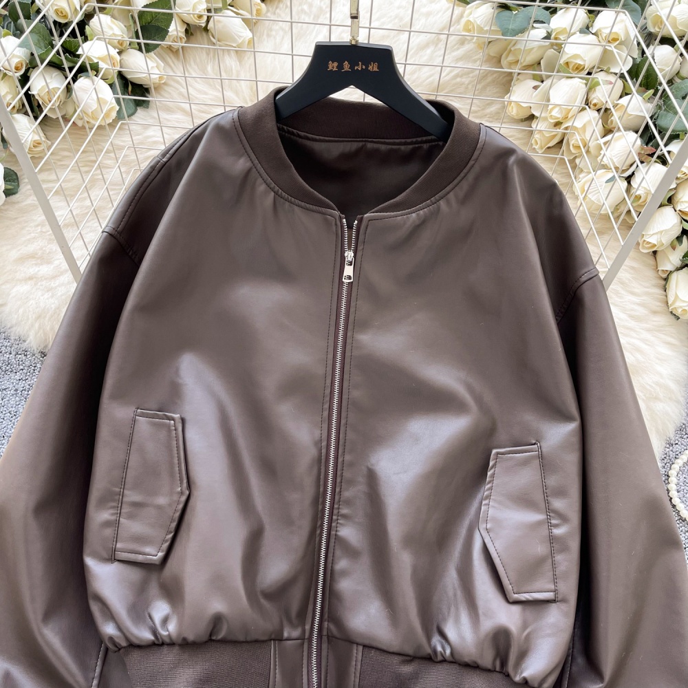 Pocket zip brown leather coat loose all-match jacket