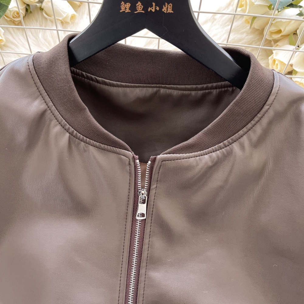 Pocket zip brown leather coat loose all-match jacket