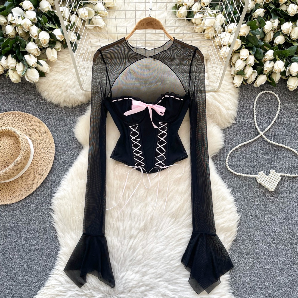 Bow trumpet sleeves vest bandage tops for women