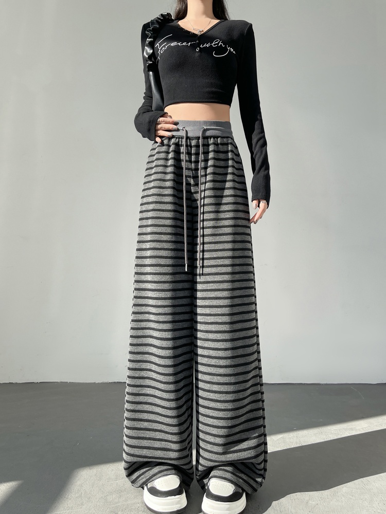 High waist knitted pants straight black wide leg pants