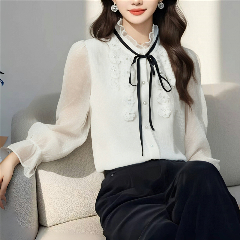 Long sleeve unique loose tops sweet bow shirt for women