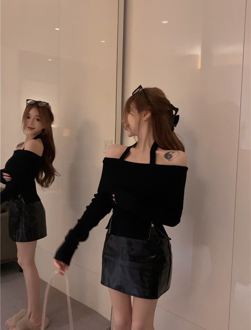 Slim halter long sleeve sweater knitted flat shoulder tops