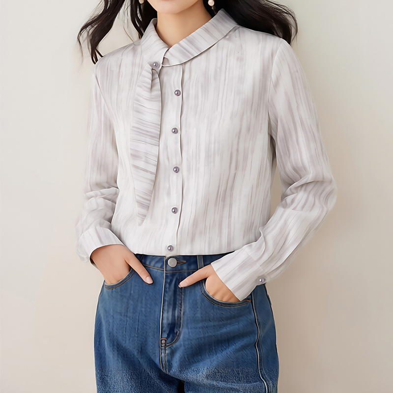 Vertical stripes spring tops long sleeve shirt for women