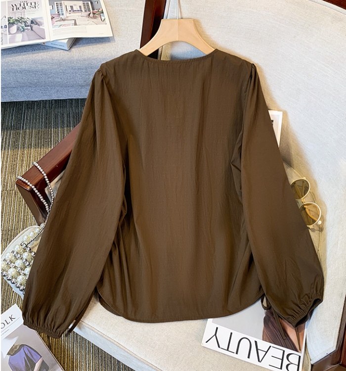 Unique fold slim shirt drawstring long sleeve V-neck tops