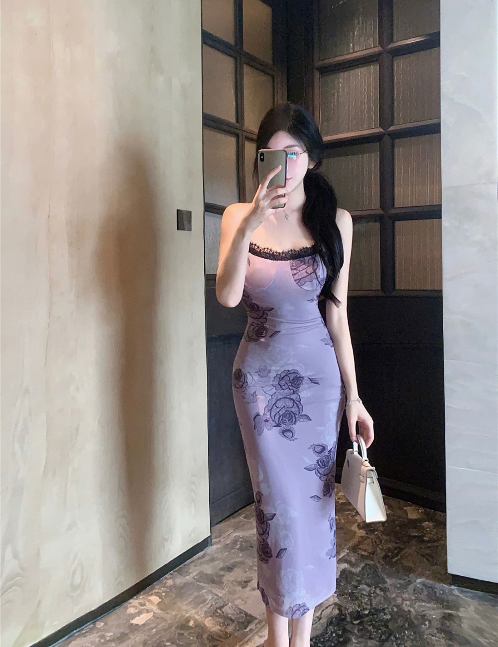 Package hip purple dress pinched waist printing long dress