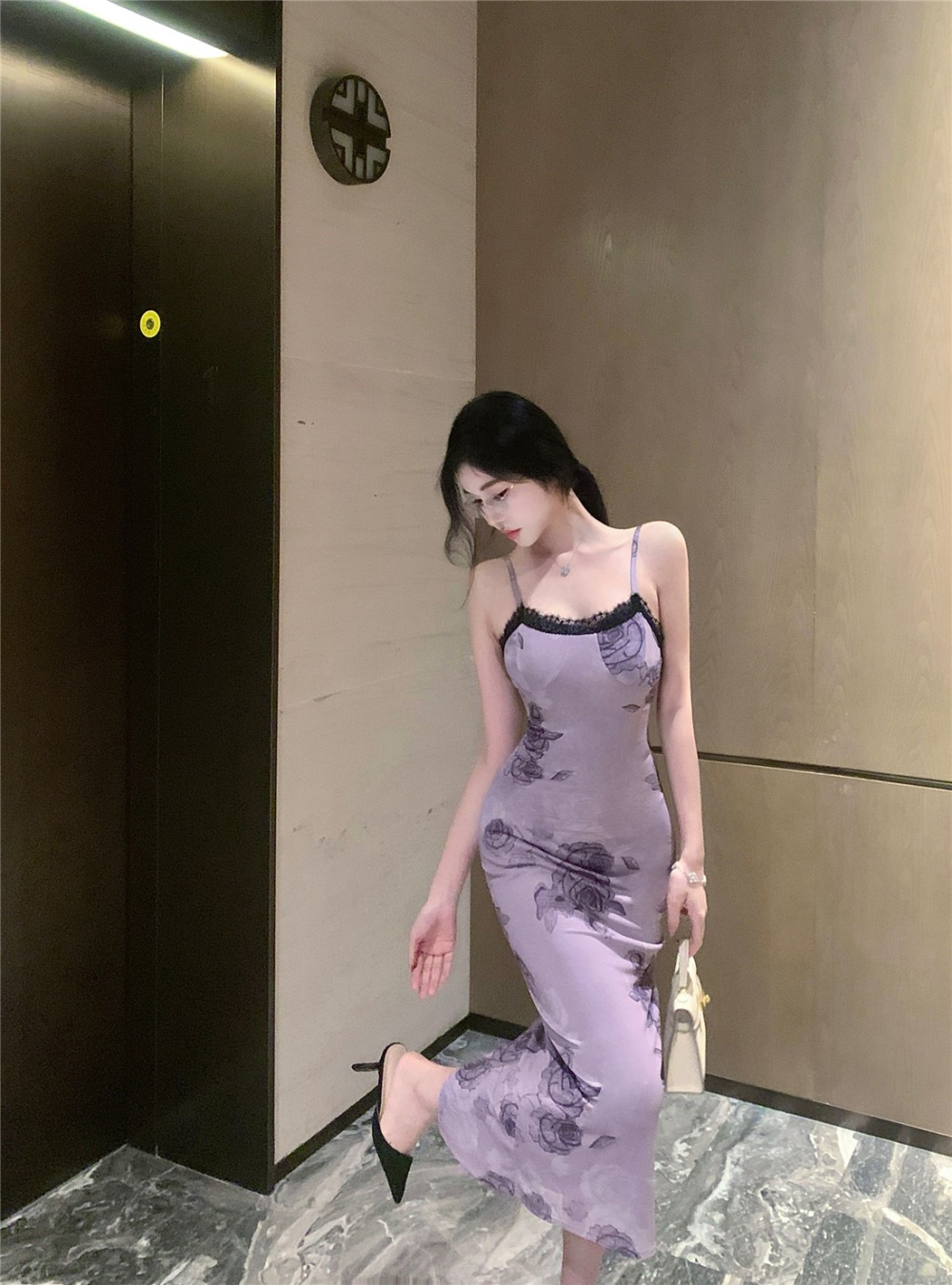 Package hip purple dress pinched waist printing long dress