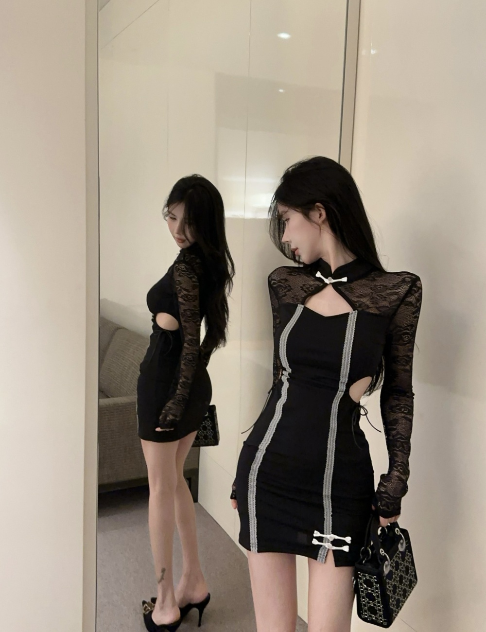 Lace fashion sexy dress splice long sleeve retro cheongsam