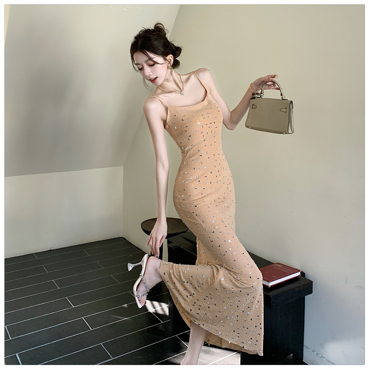 Light luxury rhinestone dress slim nude color formal dress