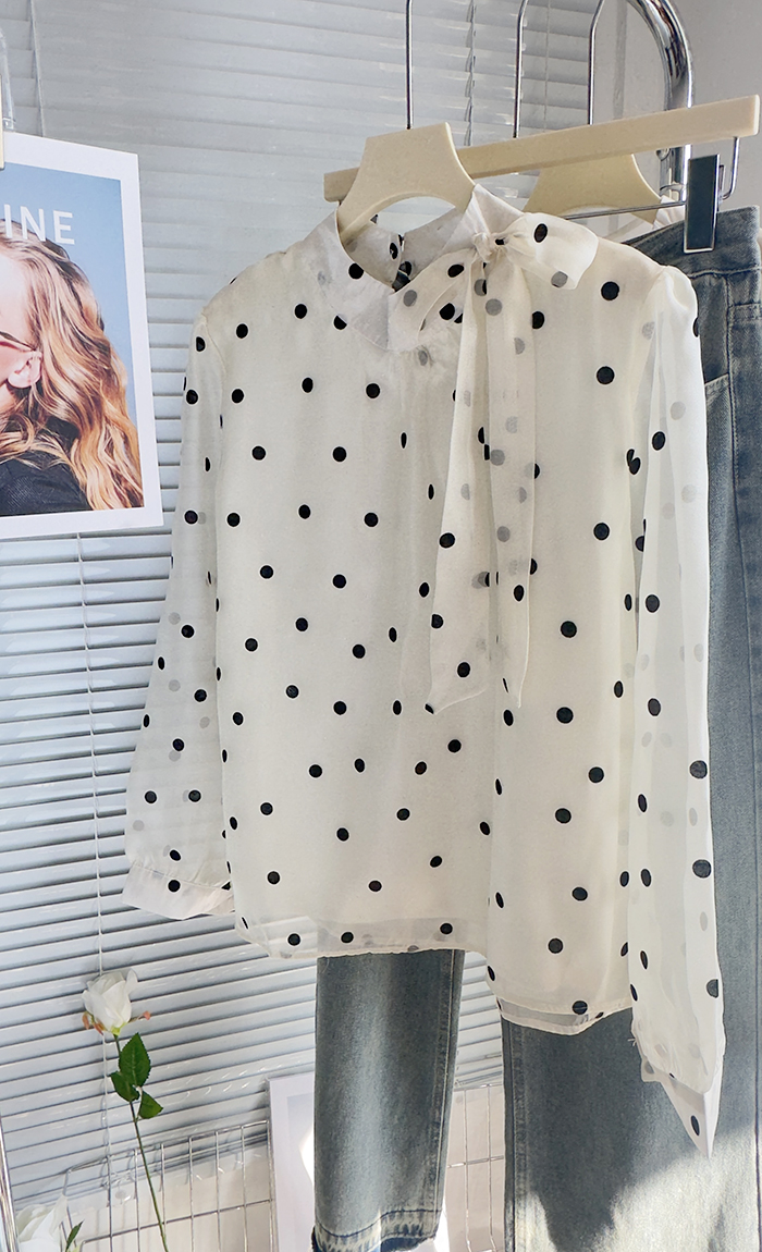 Polka dot bandage chiffon shirt bow France style tops