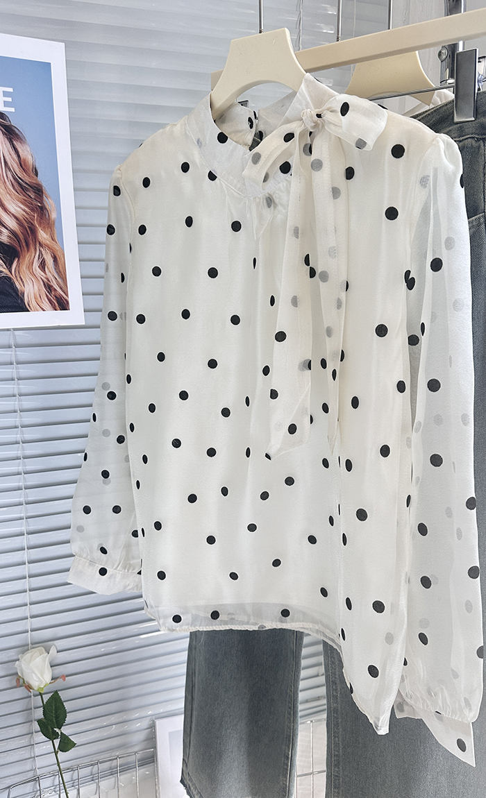 Polka dot bandage chiffon shirt bow France style tops