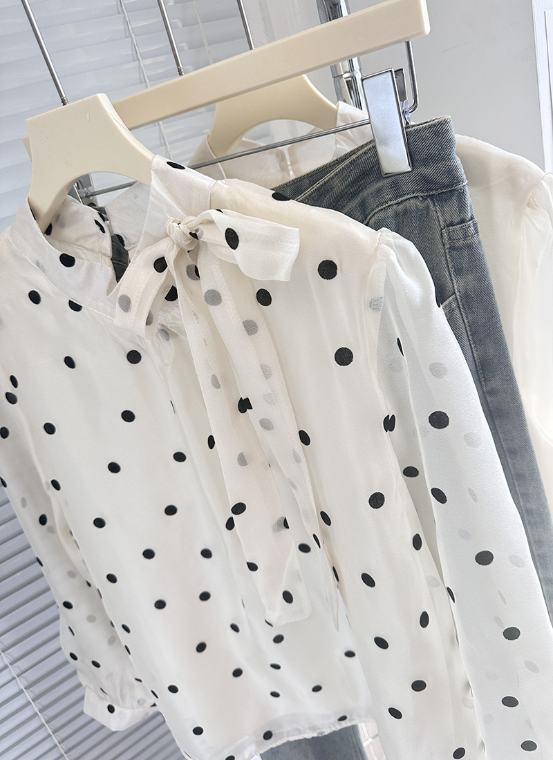 Polka dot bandage chiffon shirt bow France style tops