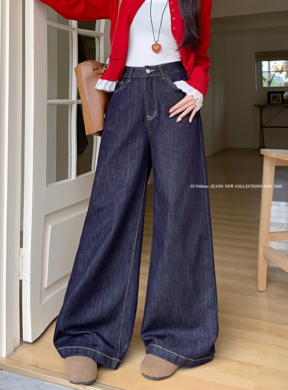 Navy blue mopping big wide leg jeans for women