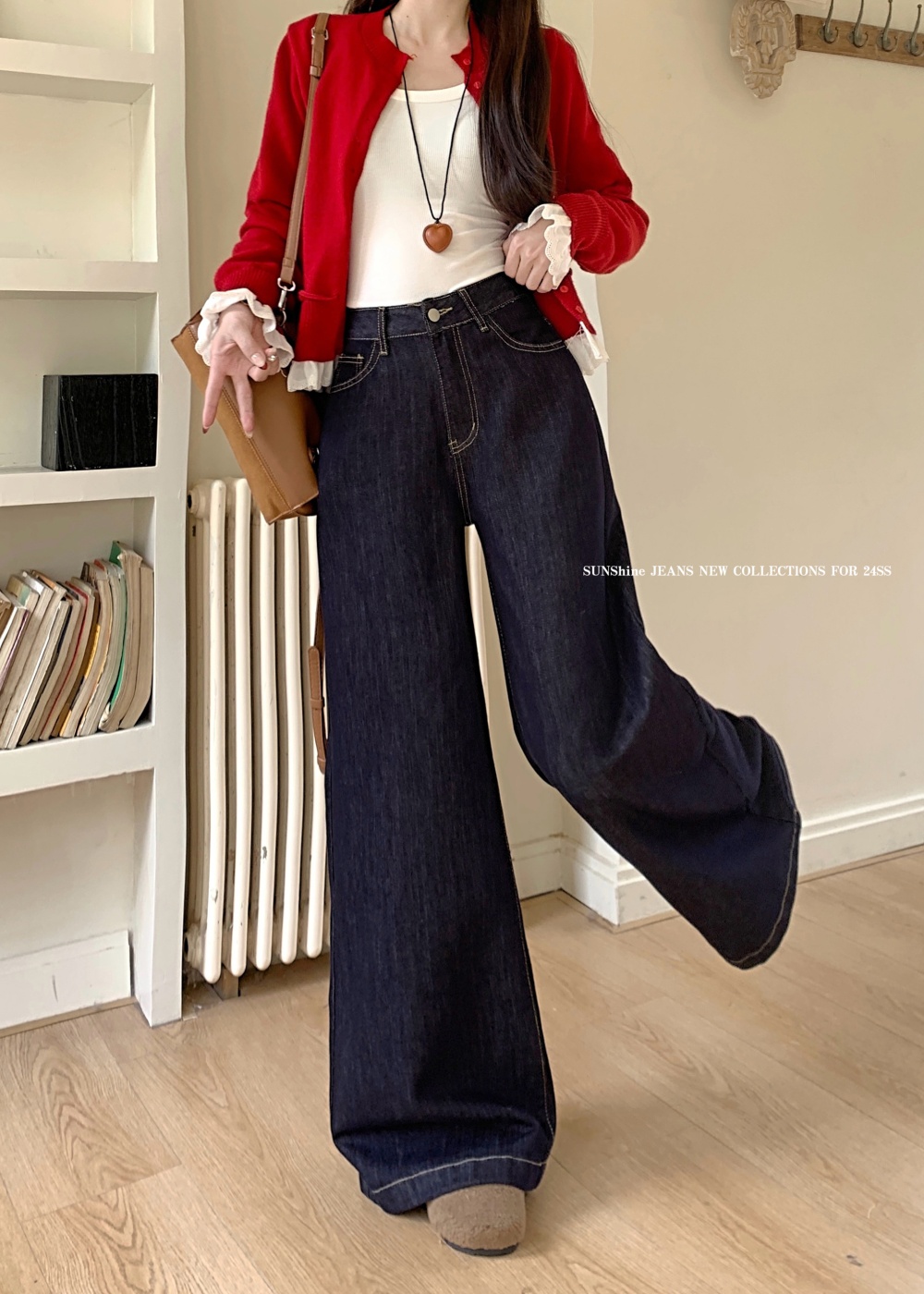 Navy blue mopping big wide leg jeans for women