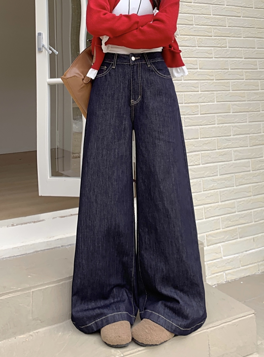 Navy blue mopping big wide leg jeans for women