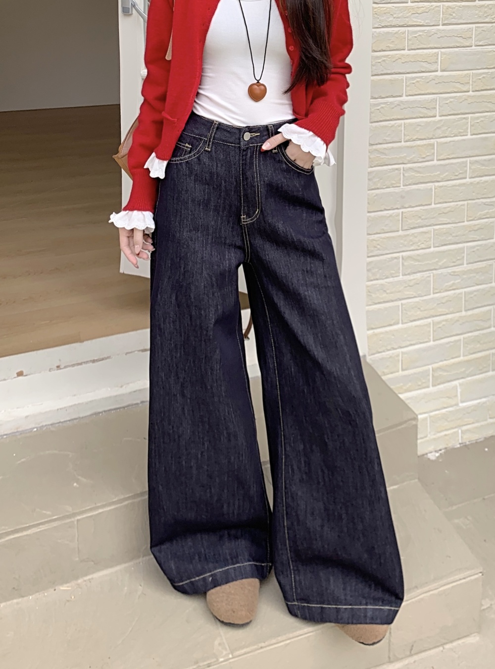 Navy blue mopping big wide leg jeans for women