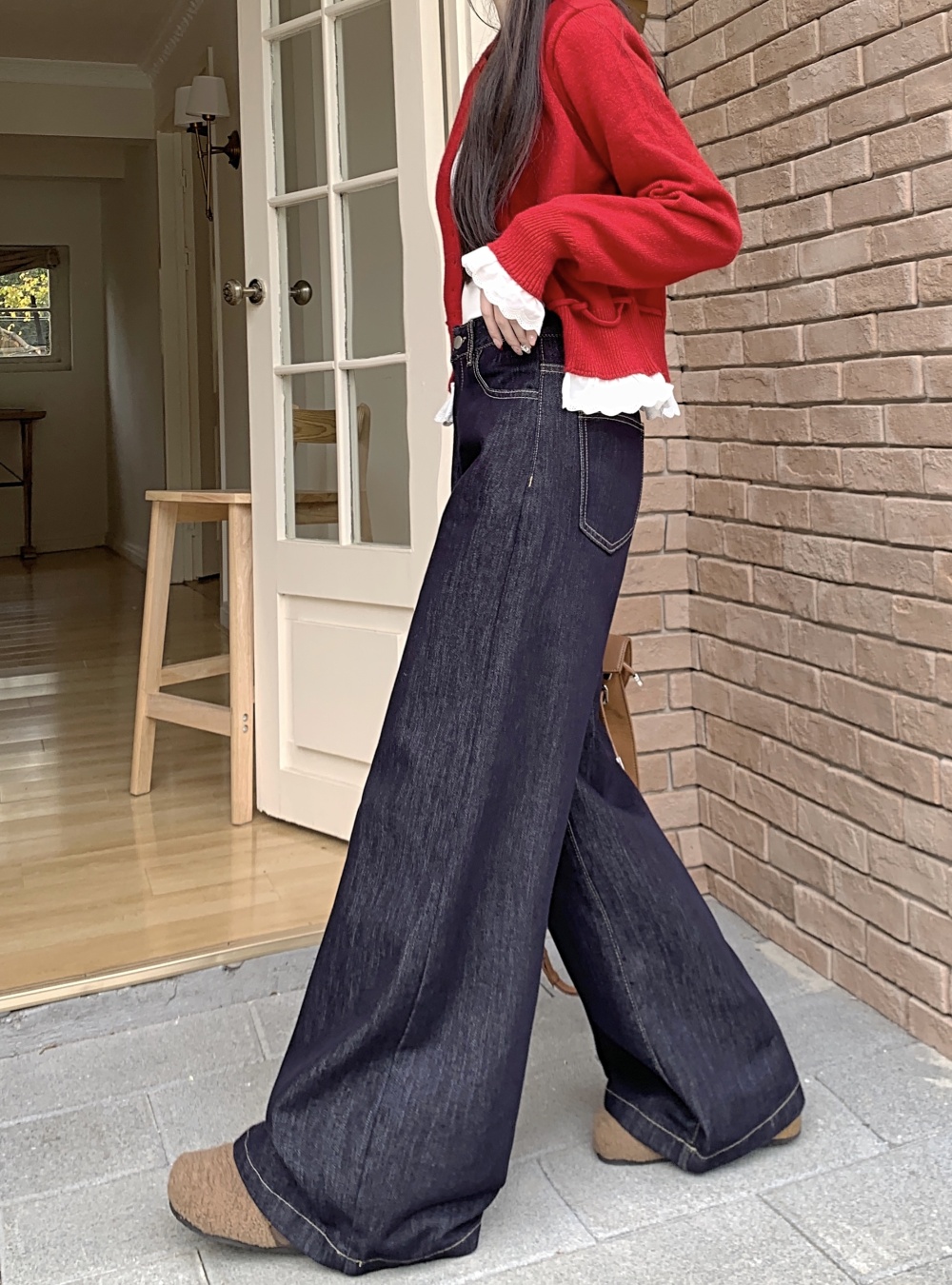 Navy blue mopping big wide leg jeans for women