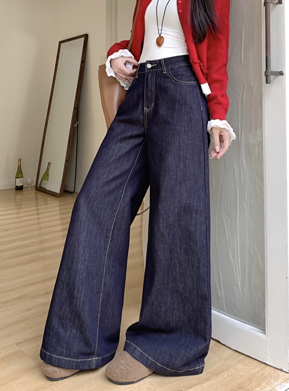 Navy blue mopping big wide leg jeans for women