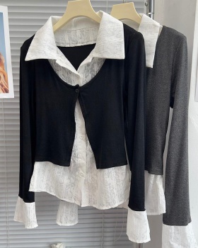 Splice Pseudo-two shirt dark-gray slim tops