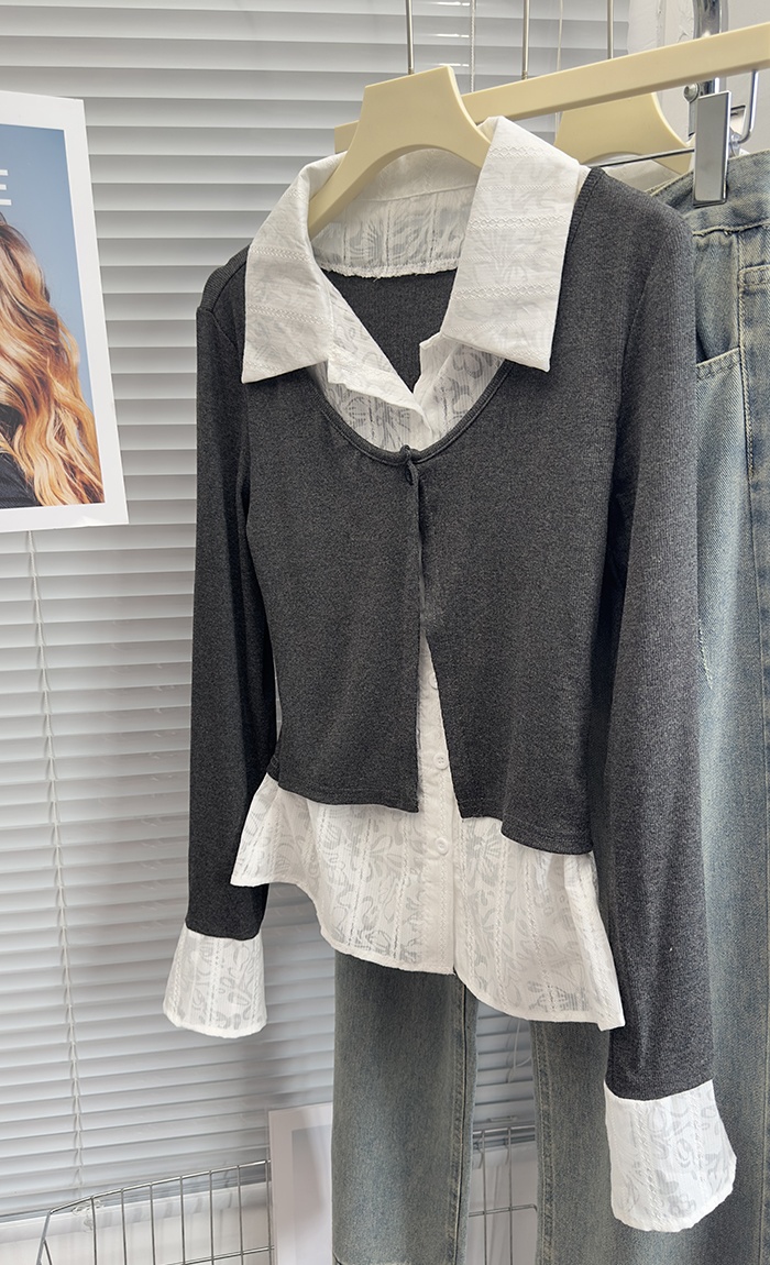 Splice Pseudo-two shirt dark-gray slim tops