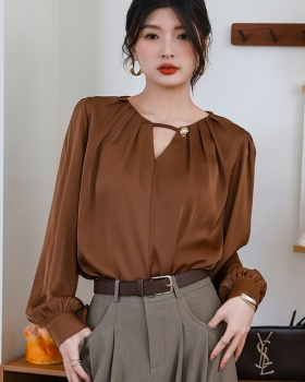 All-match satin simple shirt fold round neck tops