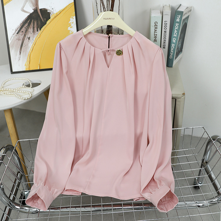 All-match satin simple shirt fold round neck tops