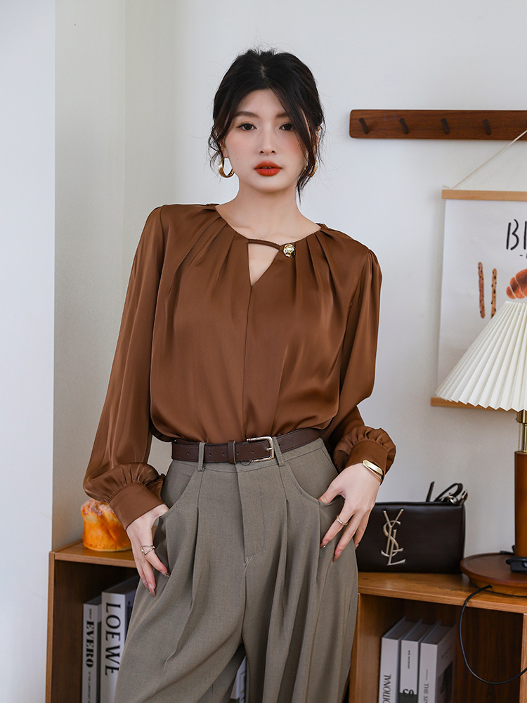 All-match satin simple shirt fold round neck tops