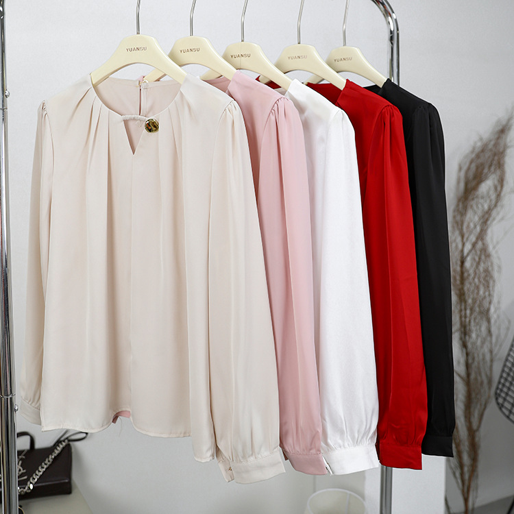 All-match satin simple shirt fold round neck tops