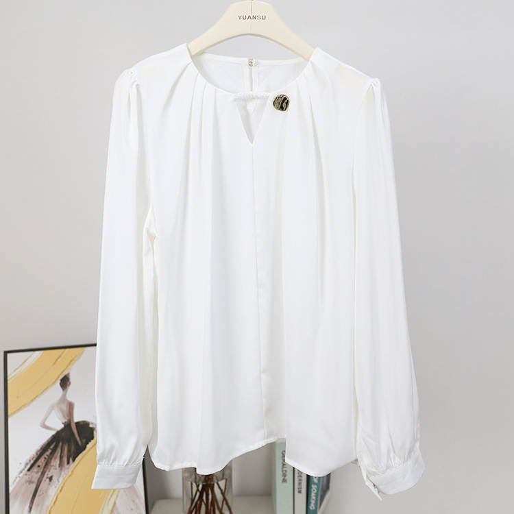 All-match satin simple shirt fold round neck tops