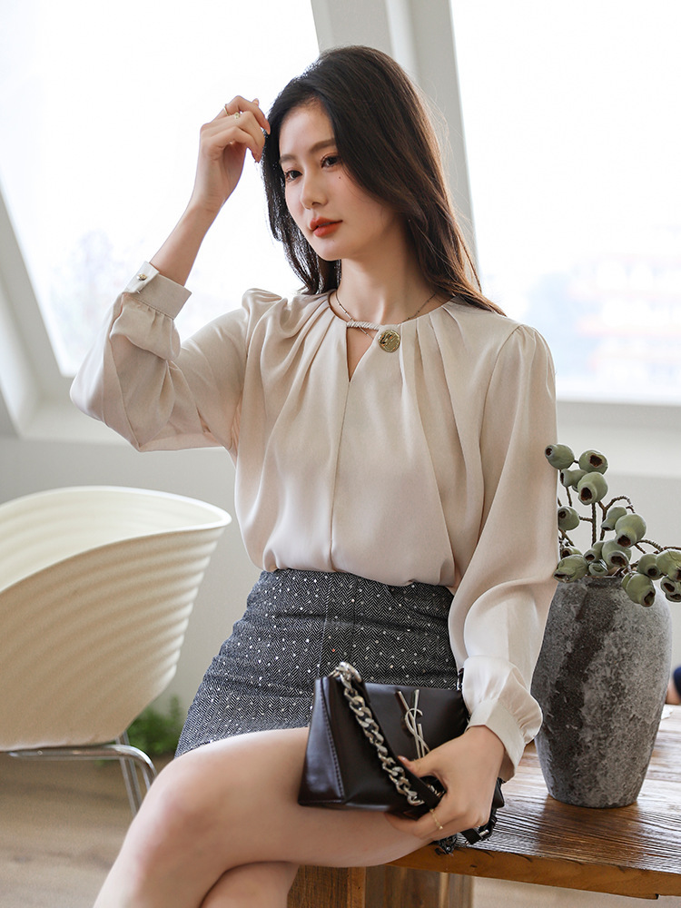 All-match satin simple shirt fold round neck tops