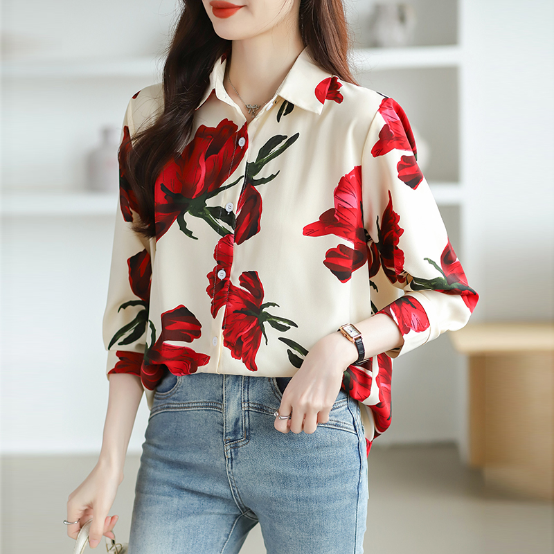 Chiffon Cover belly tops printing long sleeve shirt